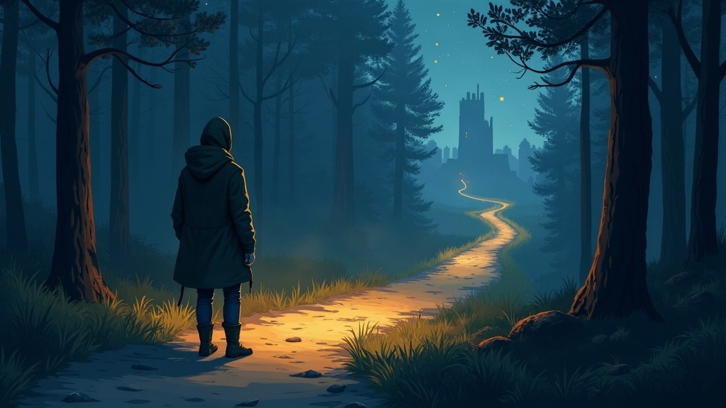 Illustrated scene of a hooded traveler on a glowing forest path at night, with a ruined tower in the distance