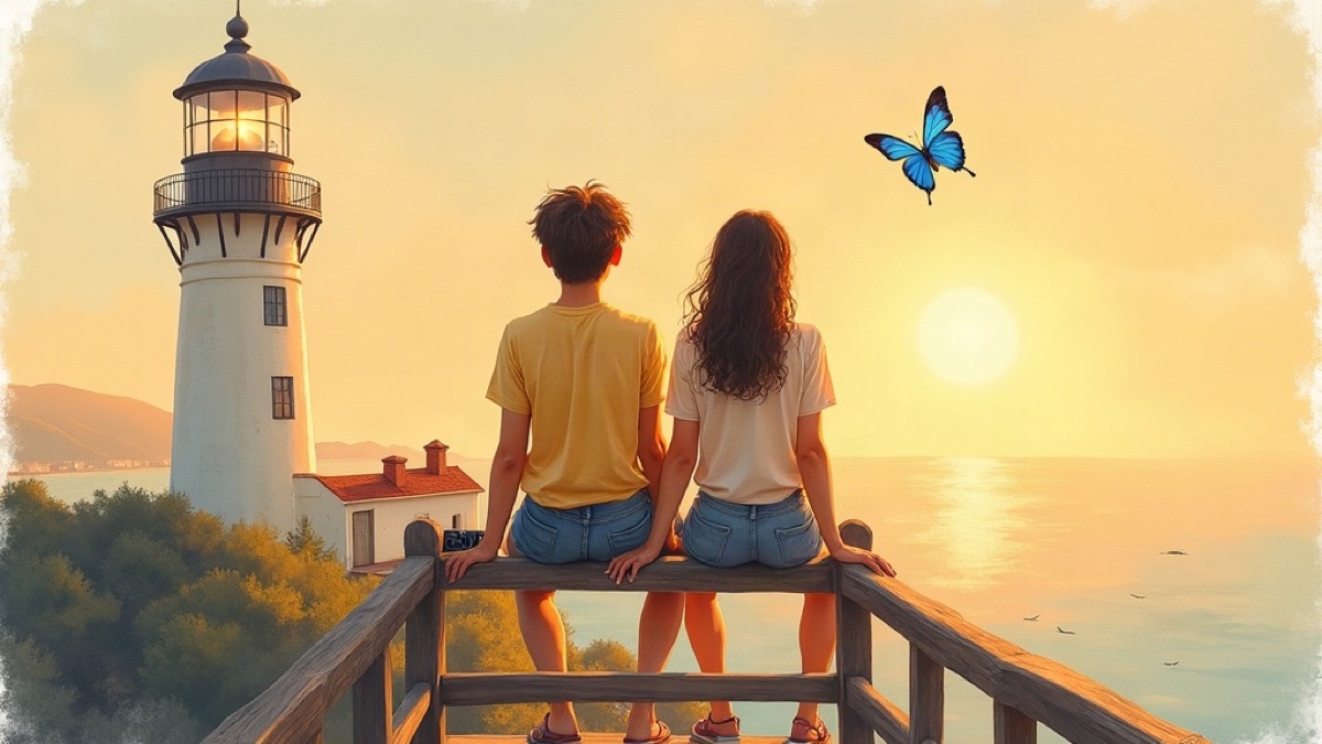 Painted illustration of two teenage friends seen from behind, sitting on a wooden railing next to a lighthouse above the sea at golden hour, an old camera beside them and a blue butterfly in the air