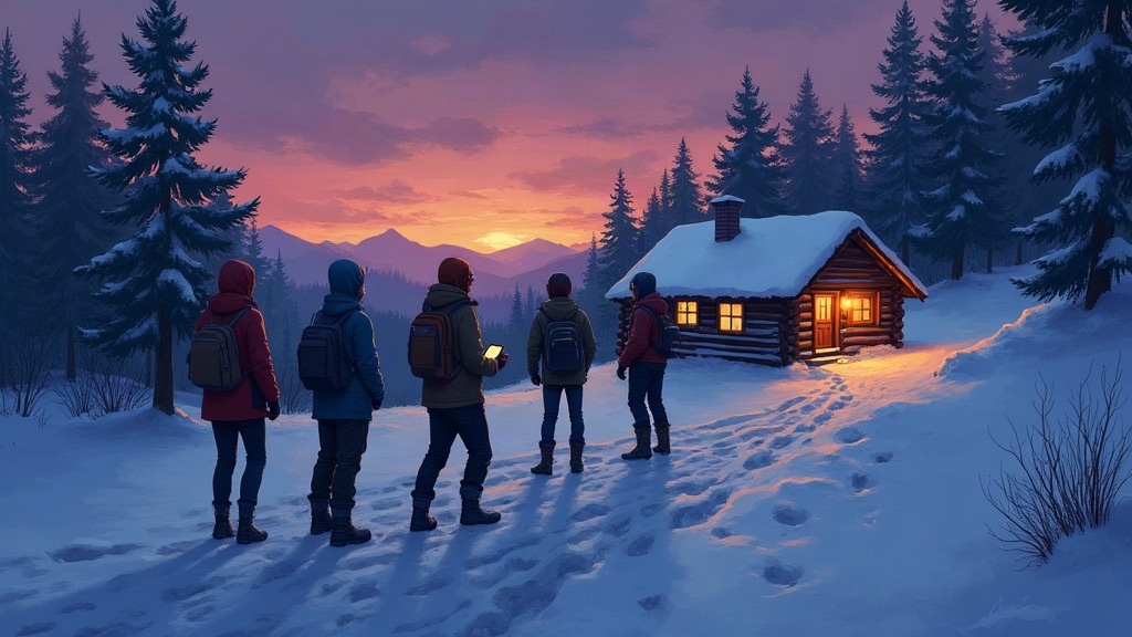 Painted illustration of five friends in winter jackets and backpacks walking toward a lit log cabin on a snowy mountain trail at dusk, one checking a glowing phone