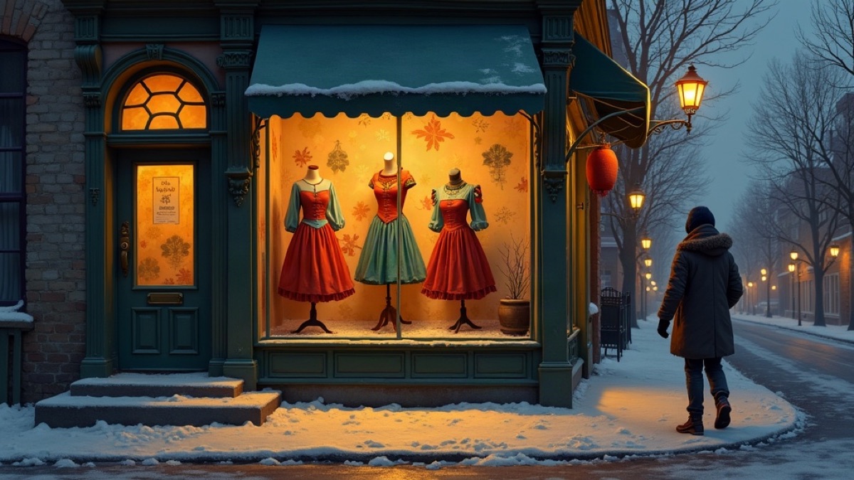 Painted illustration of a small costume shop window at dusk with three dresses on mannequins and a person in a coat walking past on a snowy sidewalk