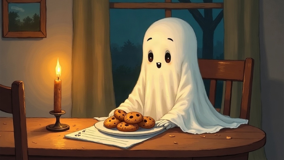 Painted picture-book illustration of a small friendly bedsheet ghost at a kitchen table with cookies and a list