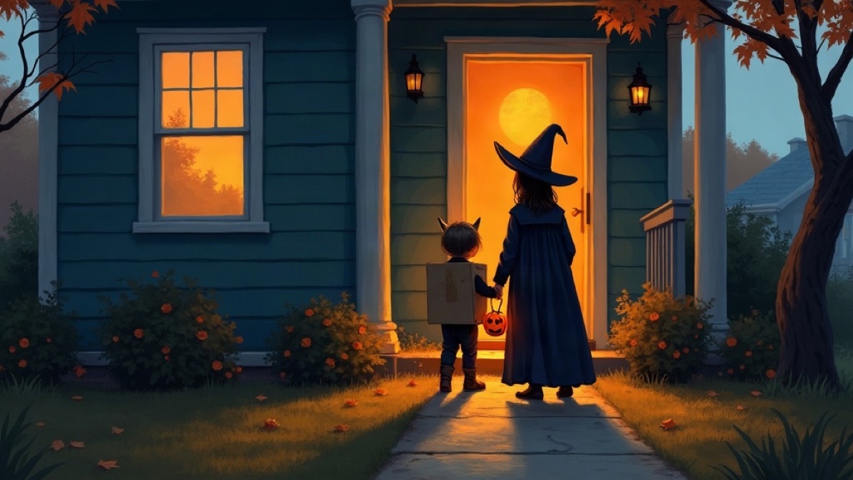 Painted illustration of two children trick-or-treating, one in a cardboard robot costume and one dressed as a witch, standing at a glowing open front door at night