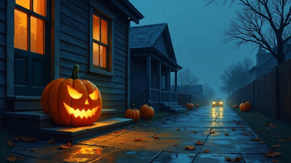 Painted illustration of a carved jack-o'-lantern grinning on a rainy doorstep at night, with smaller pumpkins lining a wet empty street