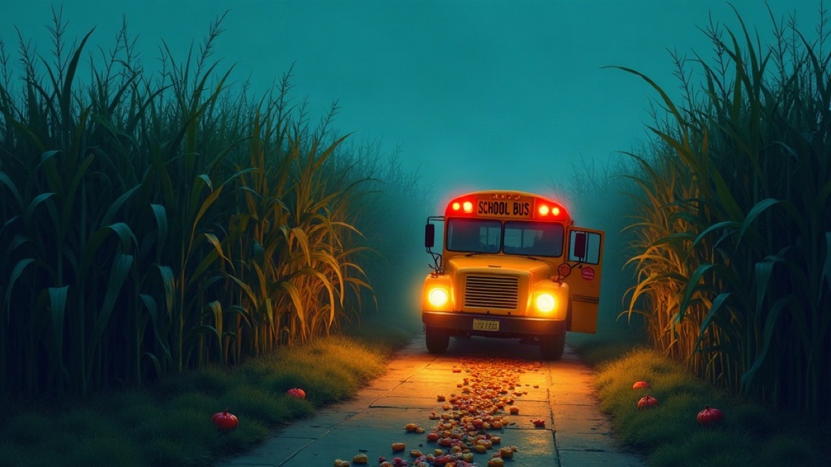 Painted illustration of a school bus with its headlights on beside a dark cornfield at night, with a trail of candy leading toward the bus