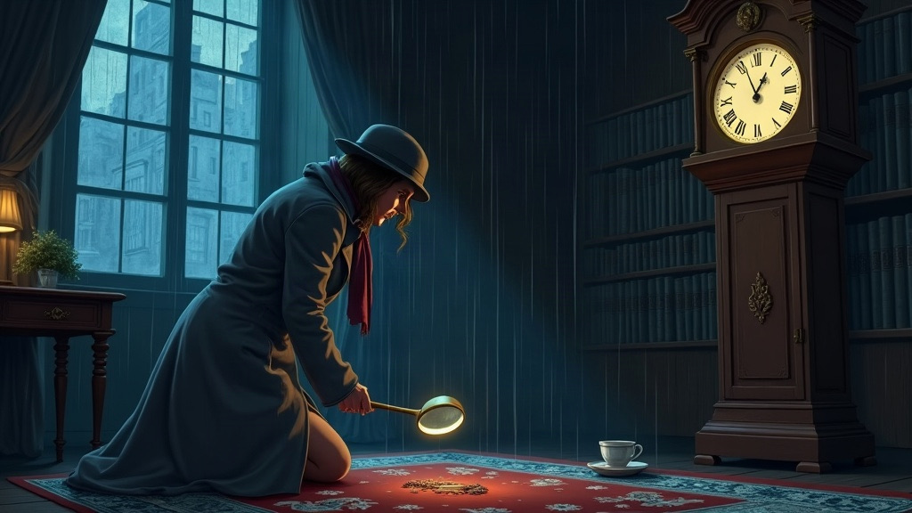 Painted illustration of a woman detective in a grey coat and bowler hat kneeling in a dark library at night, holding a glowing magnifying glass over a clue on a red rug beside a grandfather clock and a teacup