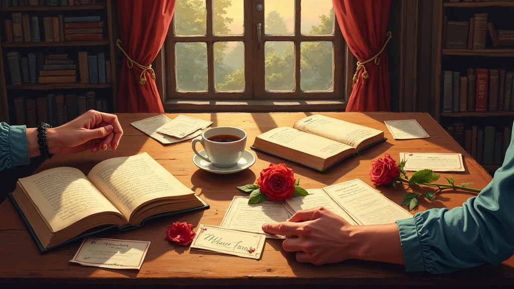 Painted illustration of a wooden library table with open novels, index cards, a cup of coffee and red roses, two people's hands reaching toward the same card from opposite sides