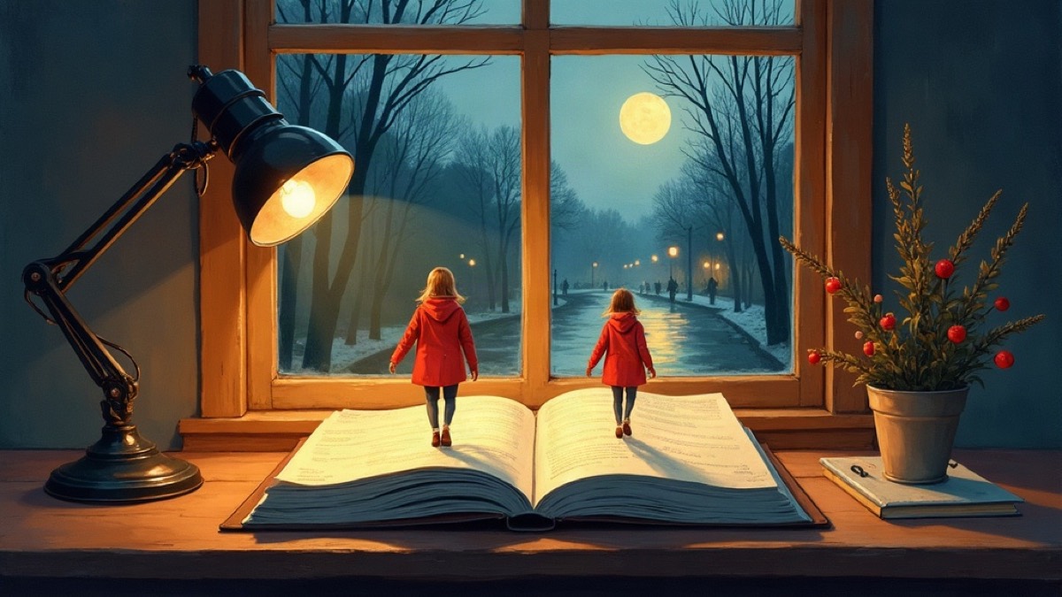 Painted night scene of an open book on a desk by a window, with the same small girl in a red coat stepping off the pages twice, as if walking into two scenes